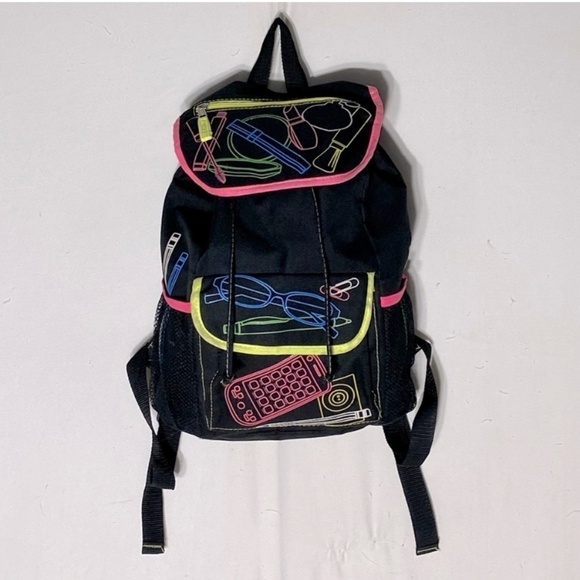 Vintage Black With Neon Graphic Book Bag Backpack - Picture 14 of 14